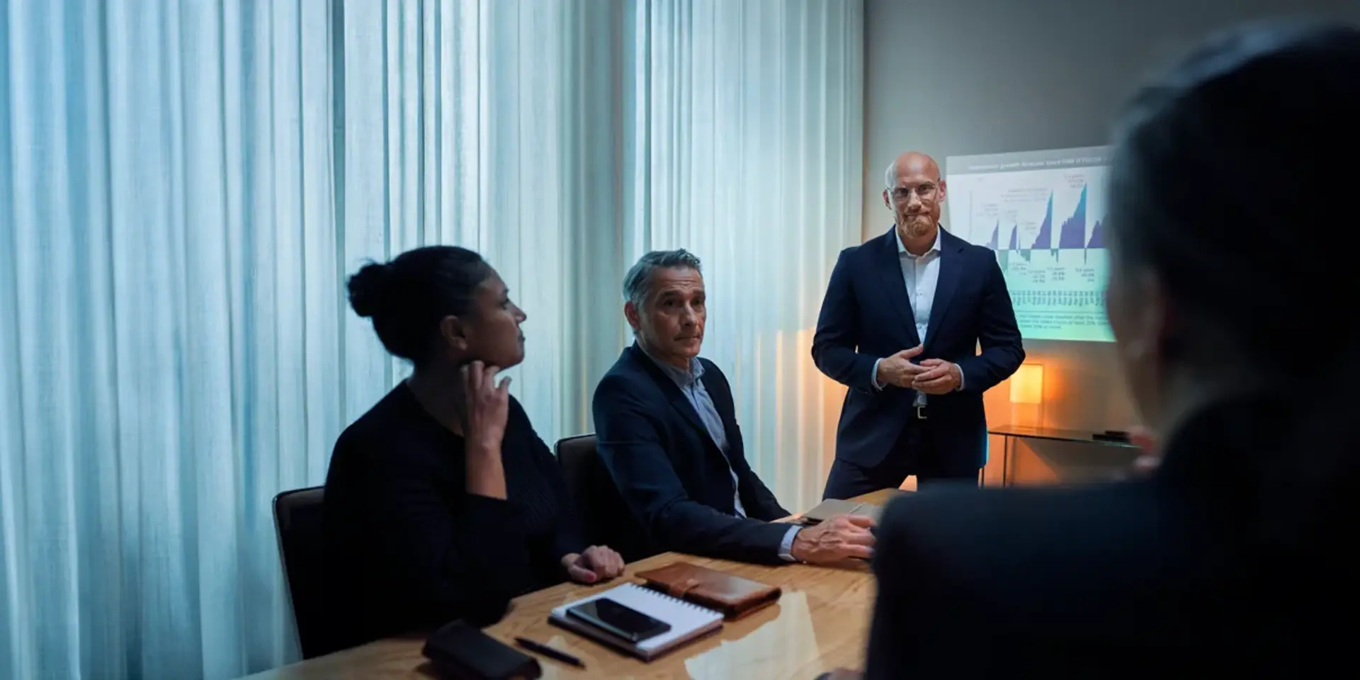 Ekonom man presenterar i mötesrum för ledningsgruppen