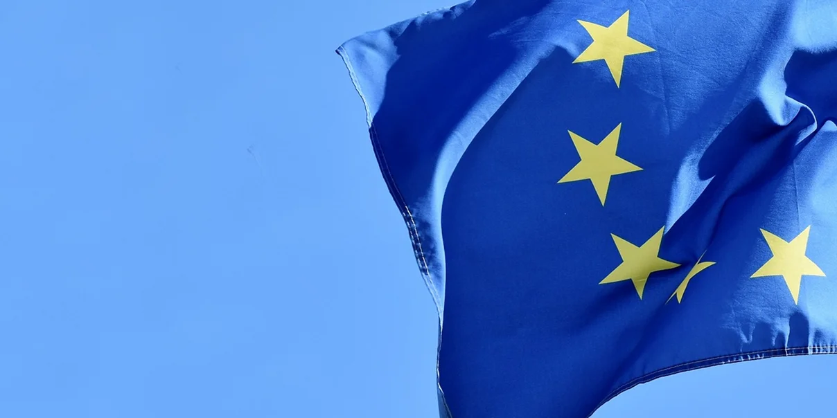 EU-flagga mot ljusbla himmel.webp
