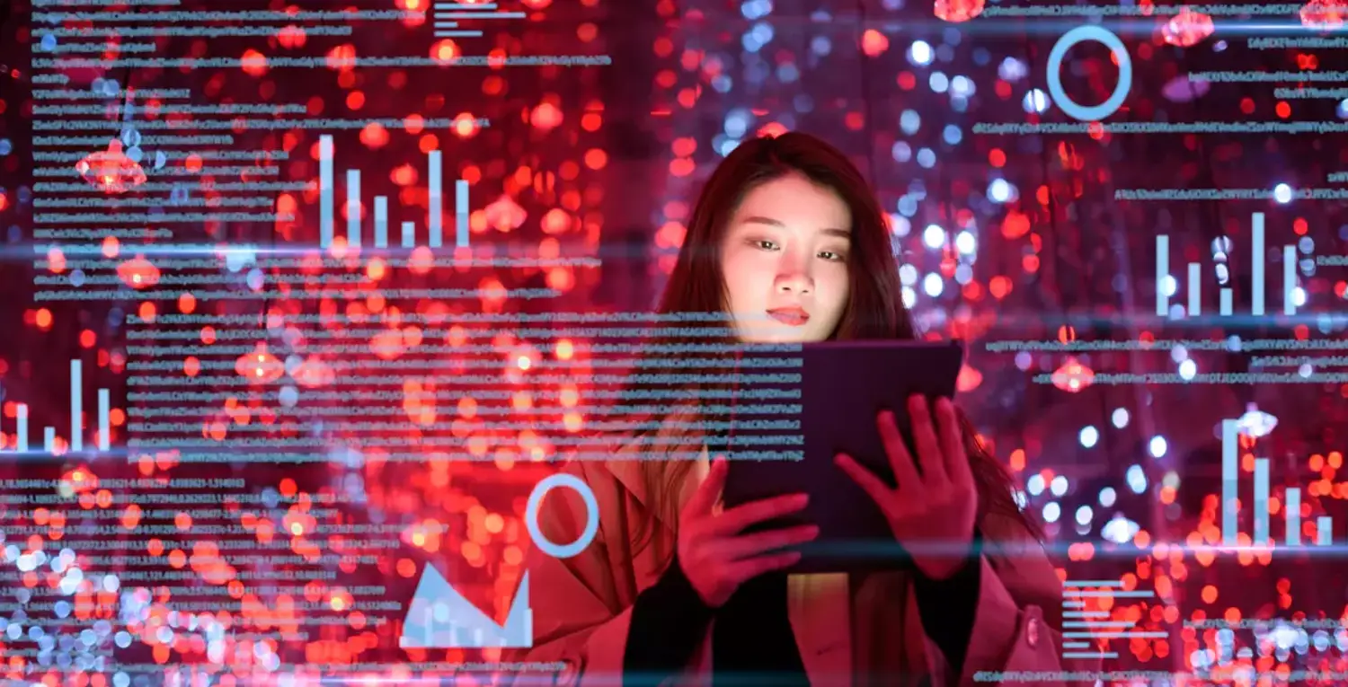 Ung kvinna men Ipad utforskar AI